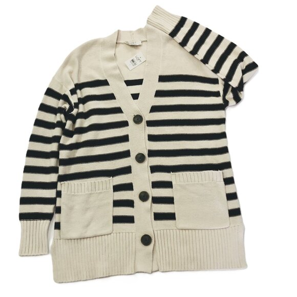 Loft Outlet Cardigan Sweater Button Up Size S Striped Brown Tan 100% Cotton - Picture 1 of 12